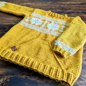 Hand knit ochre yellow Christmas sweater for kids snowflakes Fair Isle 8-10 year
